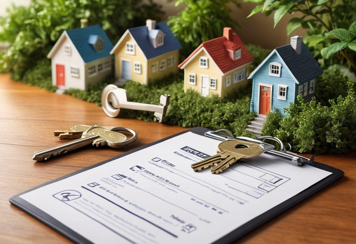 A visually striking open key transforming into a house, symbolizing unlocking opportunities in real estate. Surround the key with icons representing home buyers and sellers, such as a clipboard with a checklist, a house icon, and a dollar sign. The background should depict a neighborhood with lush greenery and charming houses, emphasizing community. Use a blend of warm and inviting colors to create a hopeful atmosphere. super-realistic. vibrant colors. 3D.