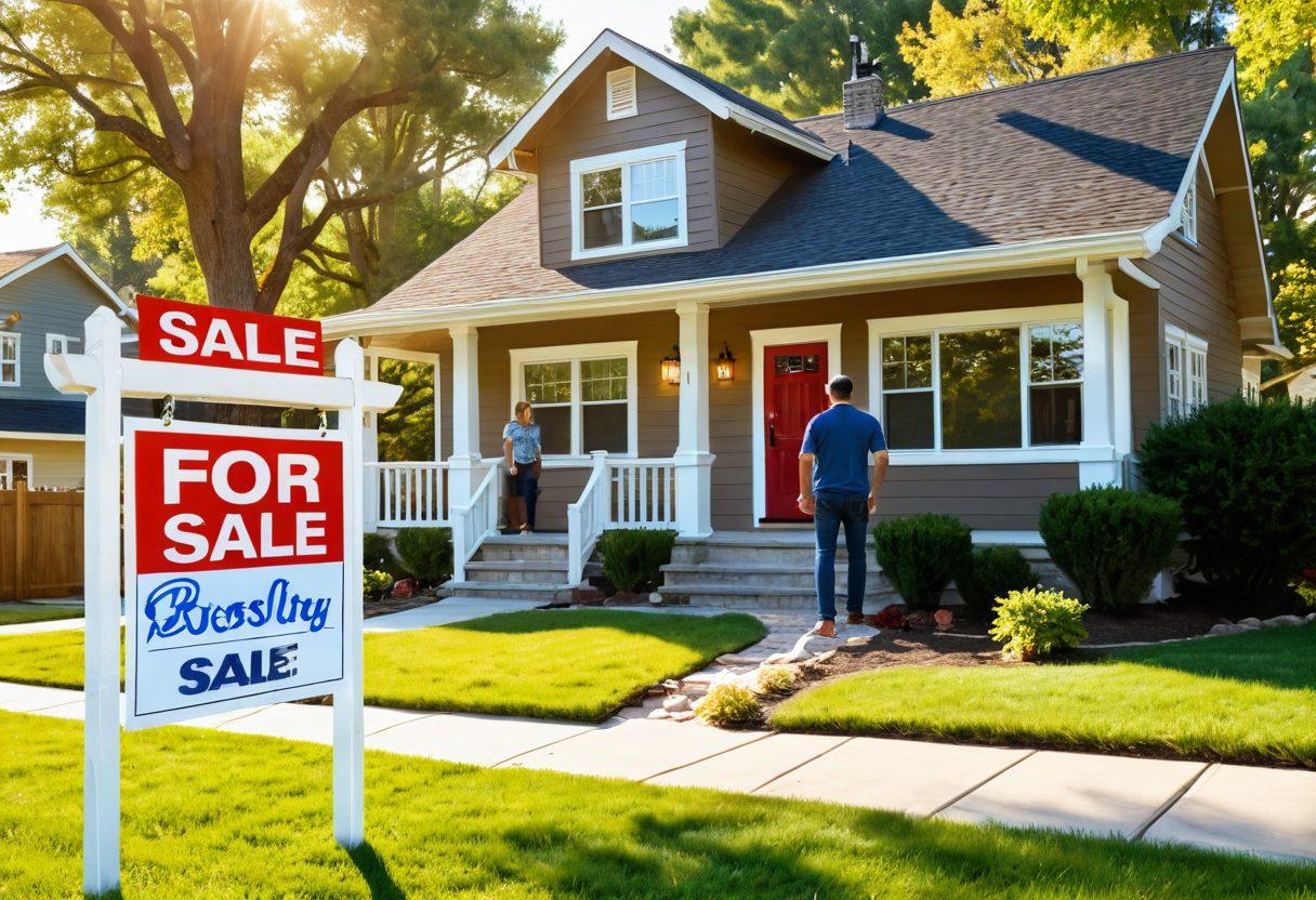 An inviting scene of a modern home for sale with a 'For Sale' sign in the front yard. Include a cheerful family exploring the house, alongside a real estate agent pointing out features. Background elements should show trees, sunshine, and a neighborhood feel. Emphasize the concept of home ownership with subtle hints of charts or trends in the foreground. super-realistic. vibrant colors. warm lighting.