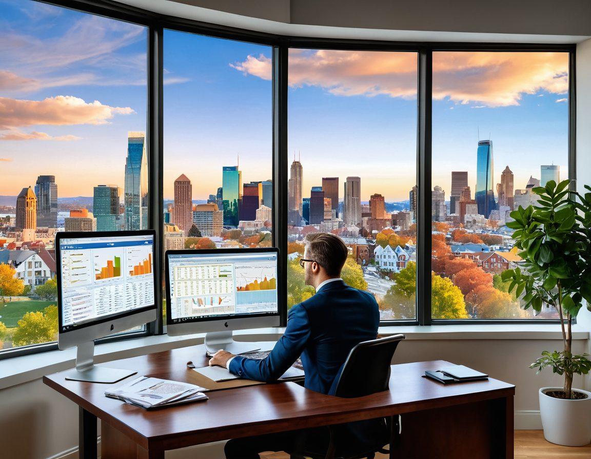 A sophisticated home office scene with an expert realtor analyzing property charts, alongside an open laptop displaying real estate listings. A wall-mounted corkboard filled with property insights and a large window overlooking a vibrant city skyline. The atmosphere conveys professionalism and knowledge, ideal for those seeking investment opportunities. super-realistic. vibrant colors. clean background.
